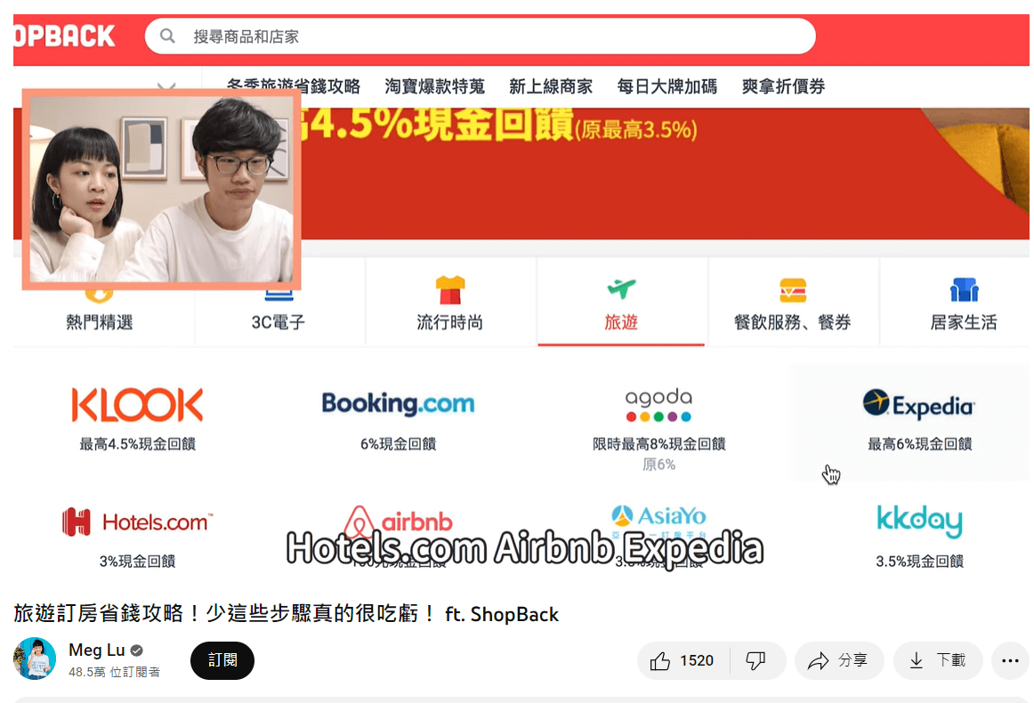 Meg 在現金回饋平台的合作影片中以「省錢攻略」做包裝，解說如何利用平台在旅遊訂房時獲得更多優惠。