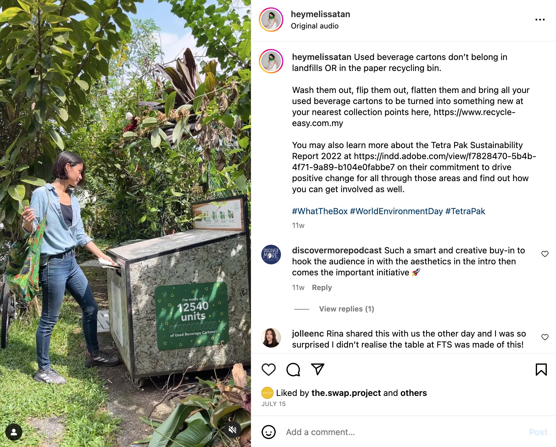 Melissa Tan talks about Sustainability on her Instagram