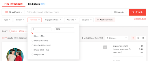 Search influencers by follower count