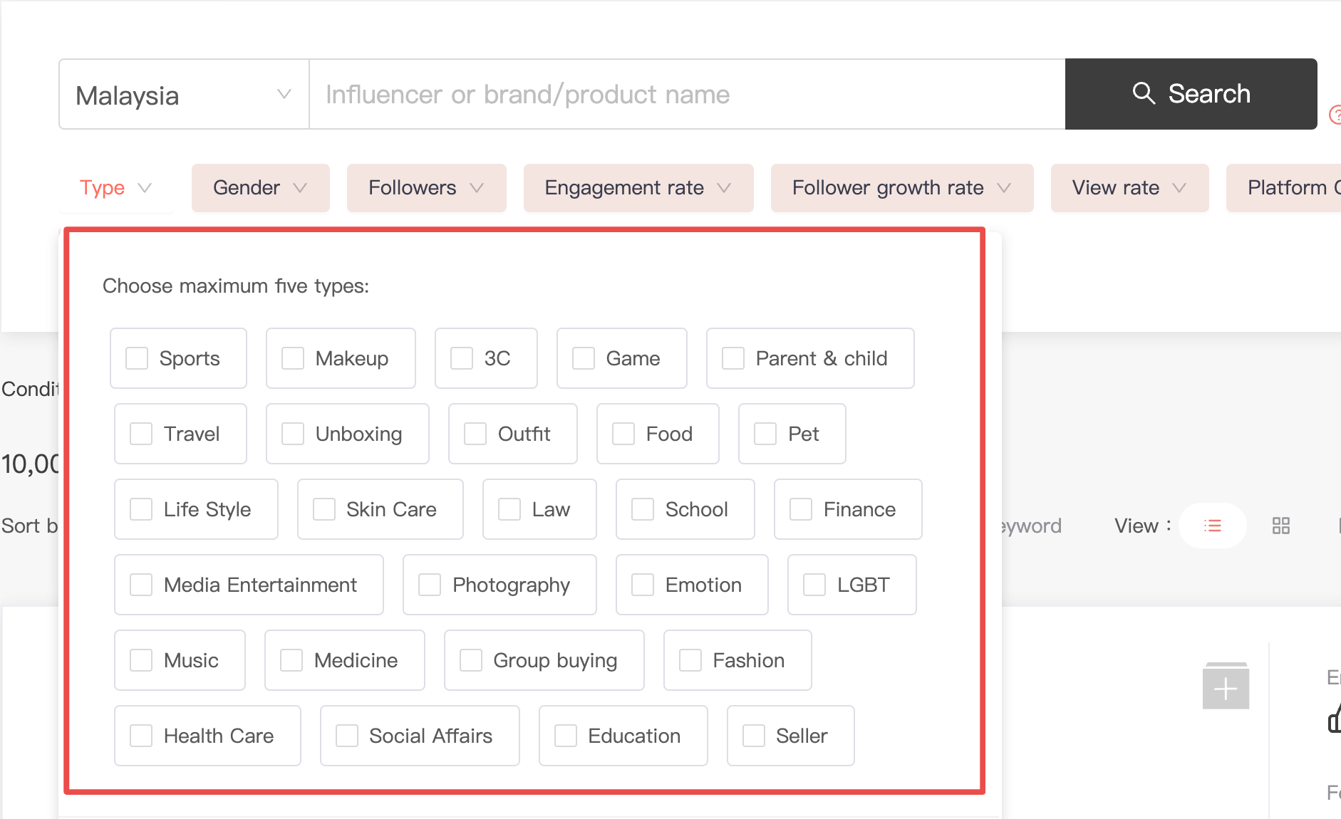 KOL Radar categorizes influencer content into 27 different types, including sports, makeup, parenting, and more.